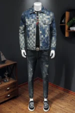 Autumn Vintage Checkered Denim Jacket for Men Flip Collar Single Breasted - Image 6