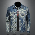 Autumn Vintage Checkered Denim Jacket for Men Flip Collar Single Breasted