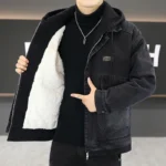 Winter New Men's Thicken Warm Denim Jacket Cotton Loose Hooded jean Outwear Coat Solid Denim jacket Men Casual Couple Streetwear - Image 4