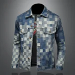 Autumn Vintage Checkered Denim Jacket for Men Flip Collar Single Breasted - Image 5