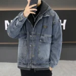 Winter New Men's Thicken Warm Denim Jacket Cotton Loose Hooded jean Outwear Coat Solid Denim jacket Men Casual Couple Streetwear - Image 5