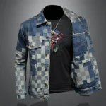 Autumn Vintage Checkered Denim Jacket for Men Flip Collar Single Breasted - Image 3