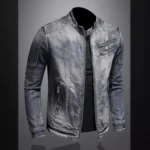 Vintage Plus-size Denim Jackets Men Casual Stand Collar Moto Biker Outerwear Coats - Image 3