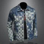 Autumn Vintage Checkered Denim Jacket for Men Flip Collar Single Breasted - Image 4