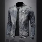Vintage Plus-size Denim Jackets Men Casual Stand Collar Moto Biker Outerwear Coats - Image 2