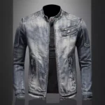Vintage Plus-size Denim Jackets Men Casual Stand Collar Moto Biker Outerwear Coats