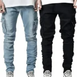Street Elastic Jeans Men Denim Cargo Pants Wash Solid Color Multi Pockets