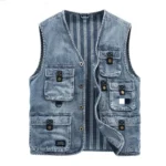 Mens Cargo Denim Vest Multi Pockets Sleeveless Jacket Fashion Washed Jeans